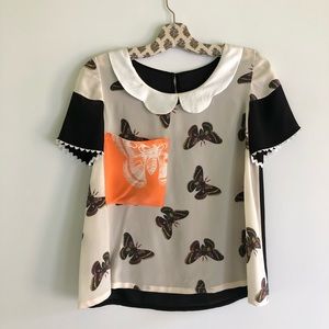 Handmade Silk moth print Peterpan tshirt top